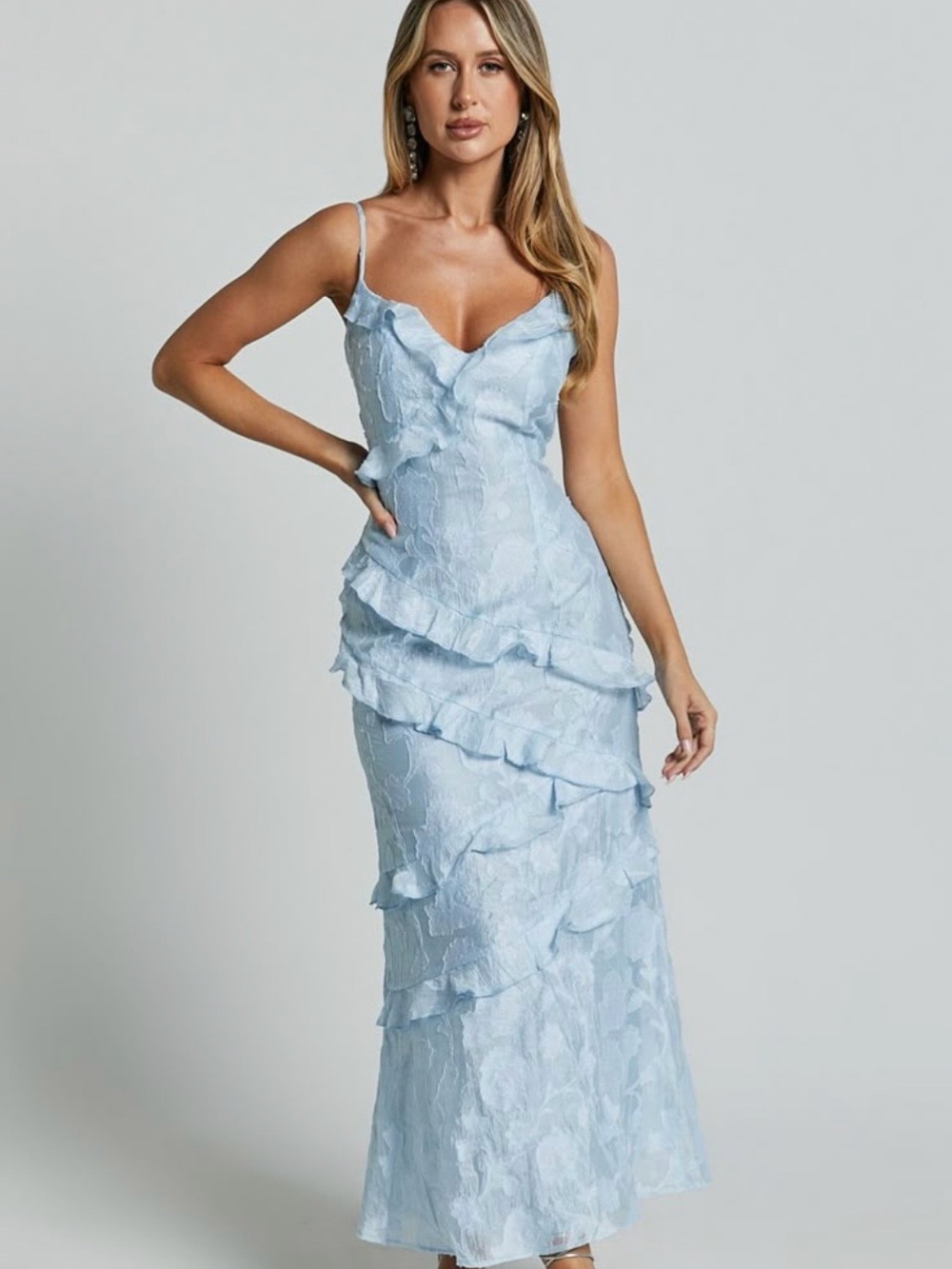Showpo Pale Blue Ruffle Slip Maxi Dress